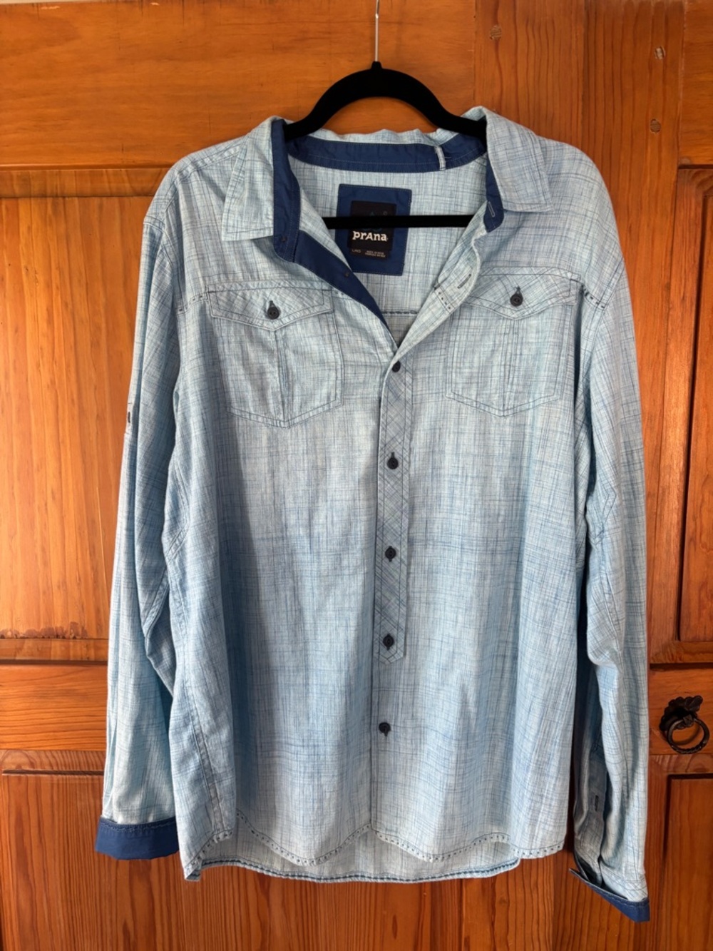 Prana Blue Button-Down Shirt with Navy Trim. Normal wear